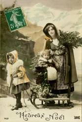 Family with a sledge, French Christmas card